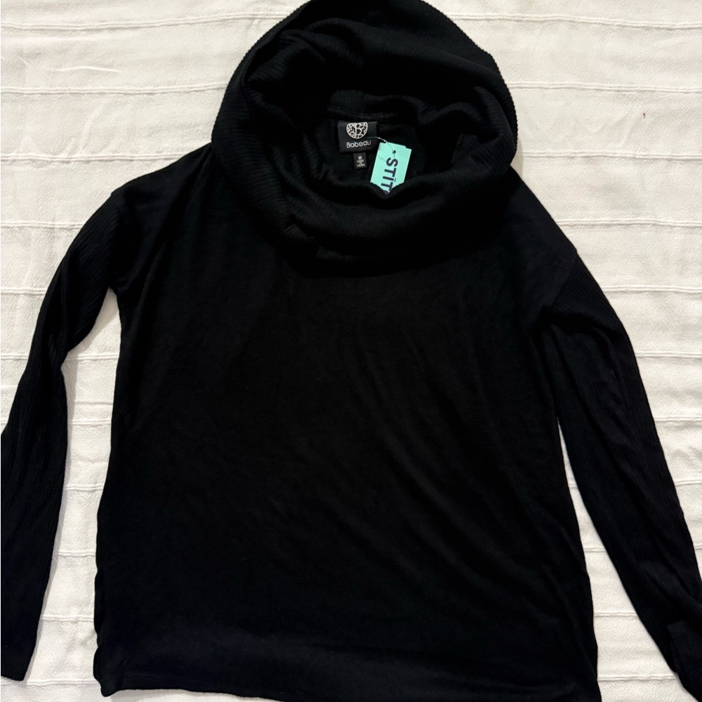 Bobeau Black Ribbed Cowl Neck Top